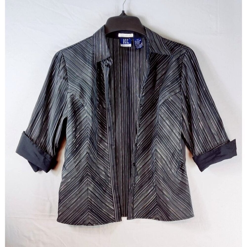 DCC Stretch Fitted Shirt Black Chevron Gray Pin Stripe Silver Thread 3/4 Sleeve - Picture 2 of 9